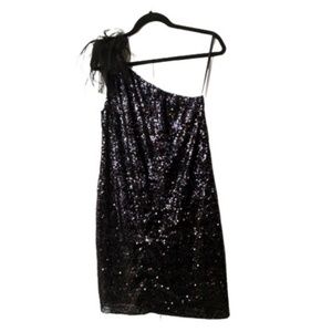T Tahari One-Shoulder Black Sequin & Feather Cocktail Dress - Size 8